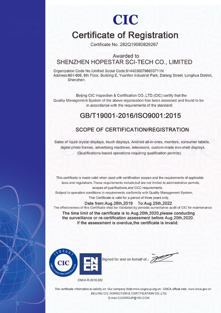 China Shenzhen Hopestar SCI-TECH Co., Ltd. certification